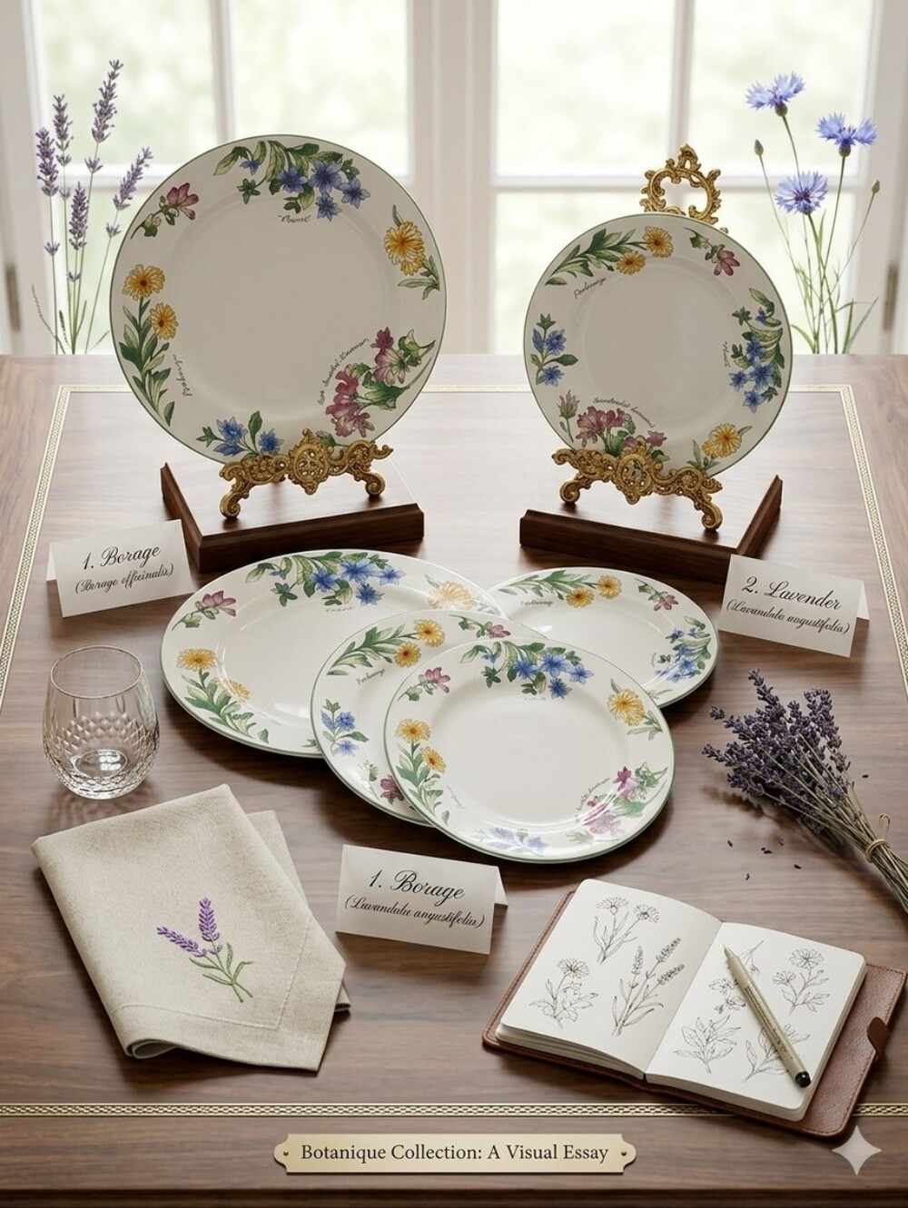 Majestic White Dinnerware Set with Blue, Yellow, Pink & Green Floral Border
